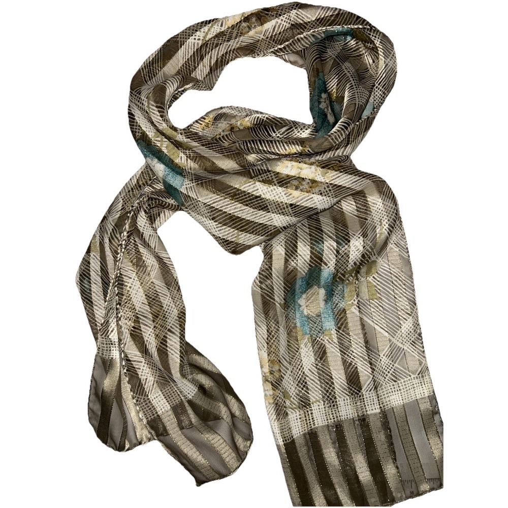 Women's Shimmer Scarf Brown & Taupe Plaid Gold Pinstripes Blue‎ & Yellow Florals